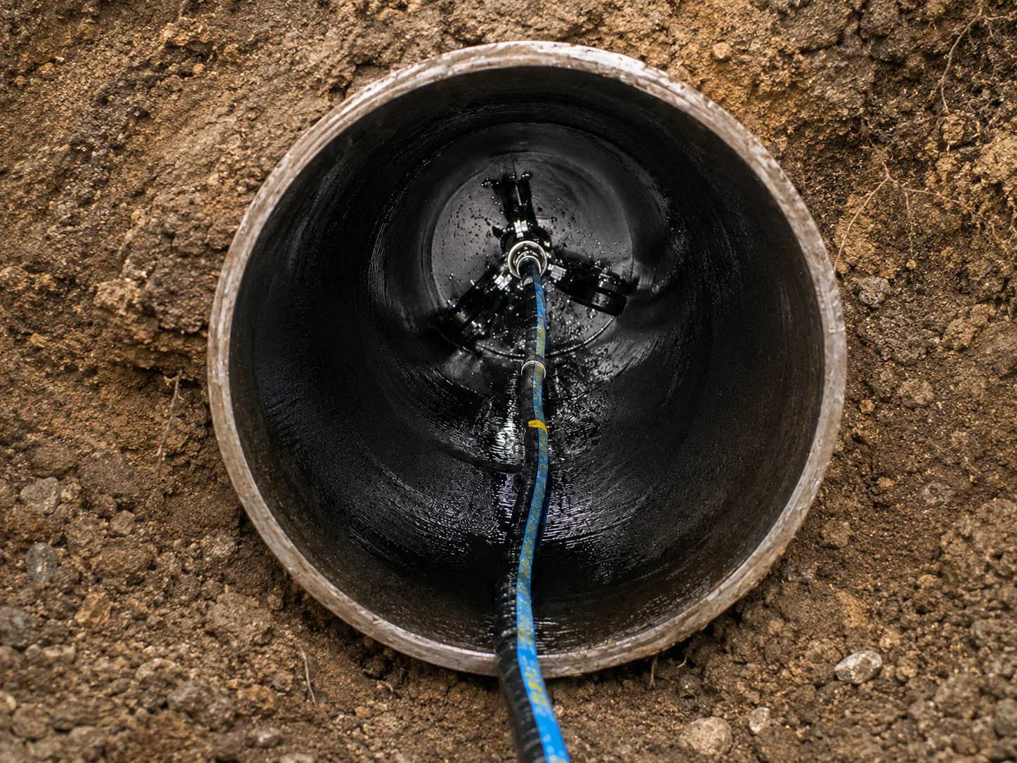 Beton wird mit Wasserhöchstdruck aus einem Rohr entfernt