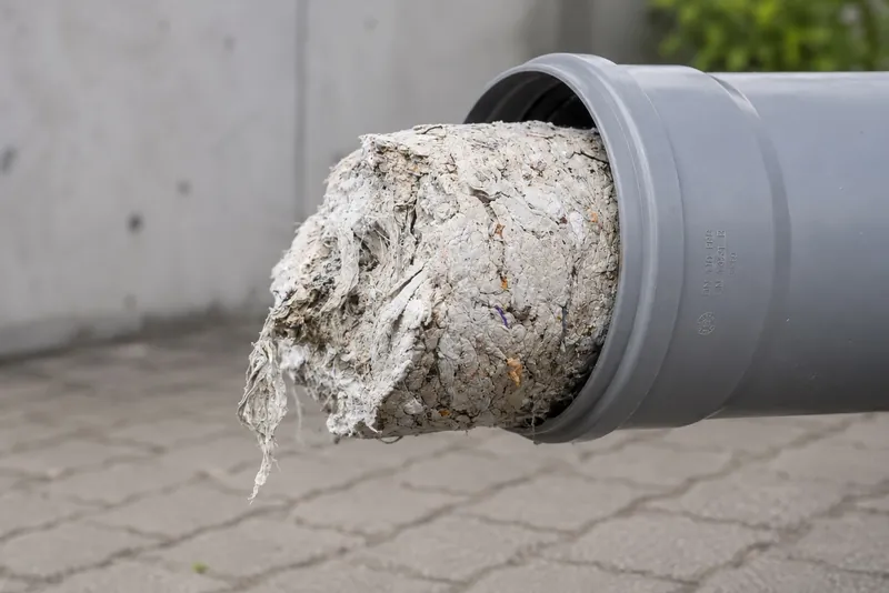 Mit Feuchttüchern verstopftes Abwasserrohr
