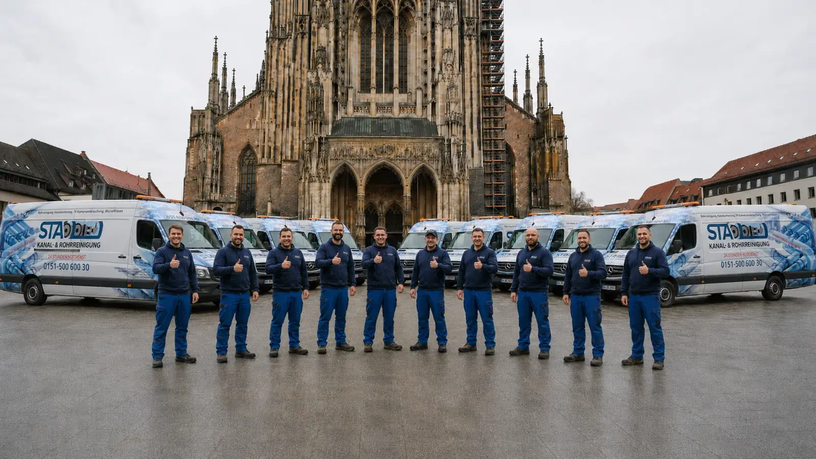 Das Team der S.T.A Kanal.-Rohrreinigung mit der Fahrzeugflotte vor dem Ulmer Münster (KI-bearbeitete Bilddarstellung)