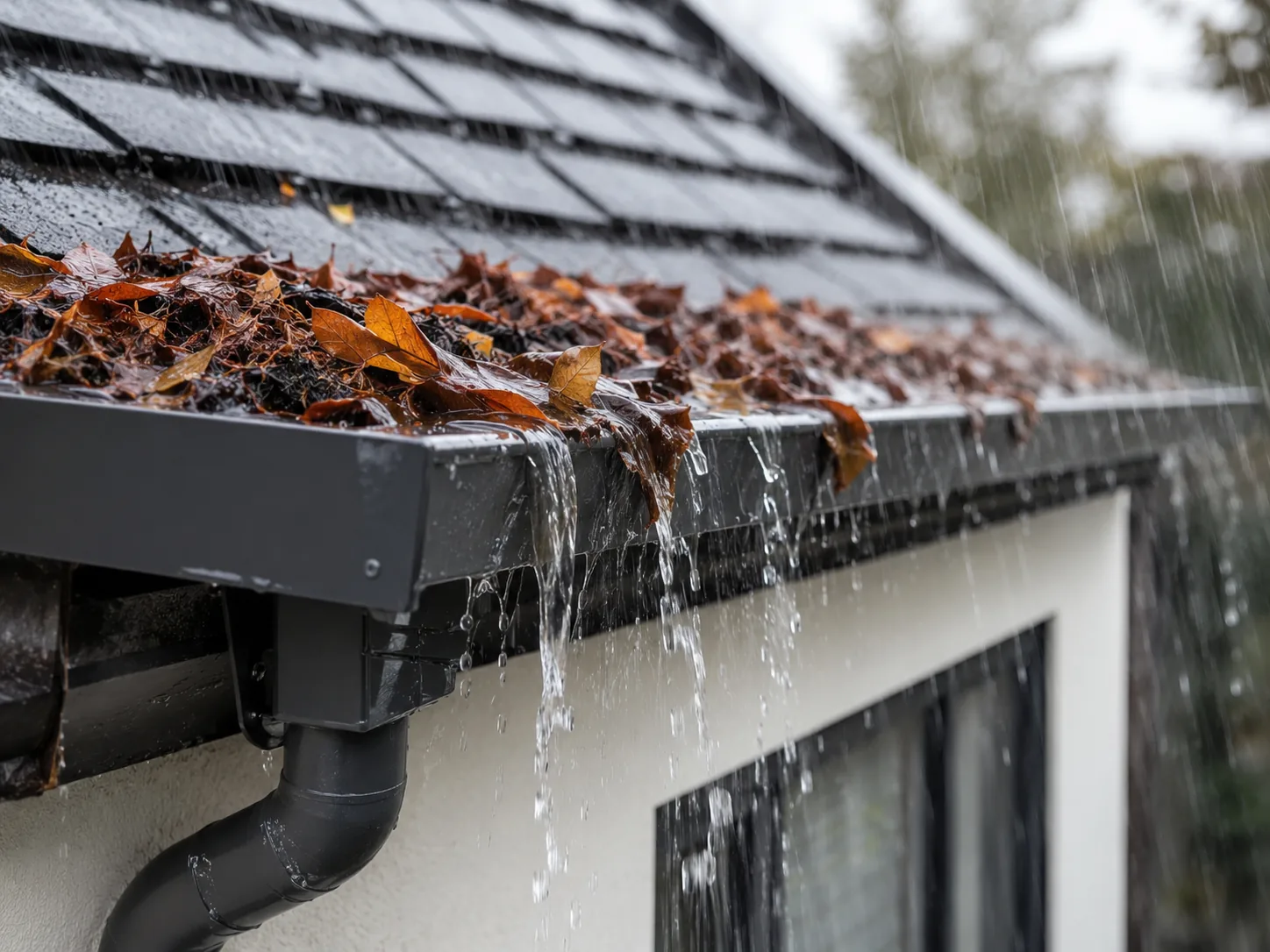 Verstopfte Dachrinne läuft bei Regen über