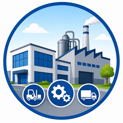 Illustration: Gewerbe- und Industriegebäude mit Produktionshalle
