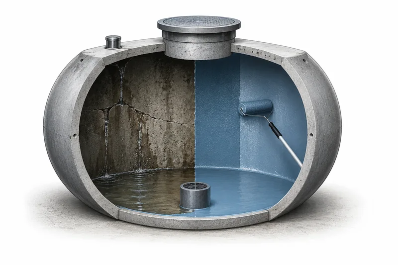 Schnitt durch eine Betonzisterne: links Risse in der Wand, aus denen Wasser austritt, rechts die mit Dichtschlämme beschichtete Innenfläche