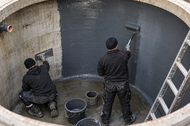 Zwei Mitarbeiter tragen im Inneren einer Betonzisterne Dichtschlämme auf – links mit dem Glätter, rechts mit der Rolle