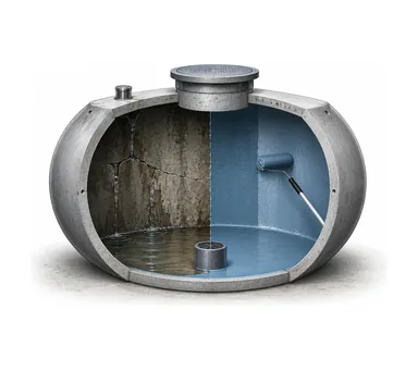 Schnitt durch eine Betonzisterne: links Risse mit austretendem Wasser, rechts die beschichtete Wand
